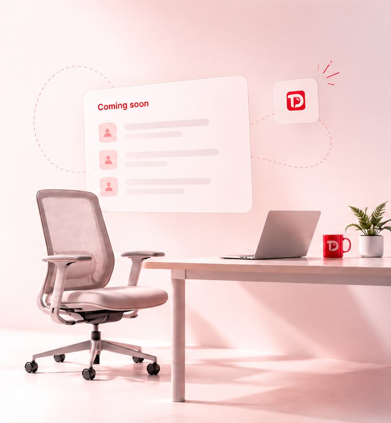 Ruang kerja TenderDesk dengan kursi, meja, dan laptop, serta kartu bertuliskan Coming soon